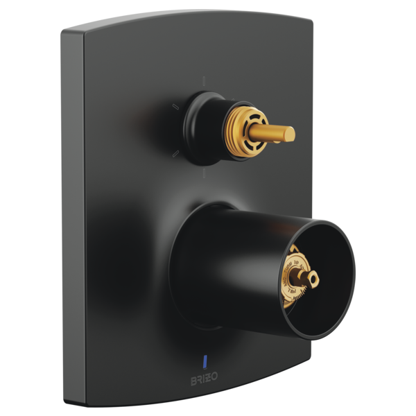 Black curved valve trim with gold accents, featuring upper diverter knob and lower rotary control on wall plate.