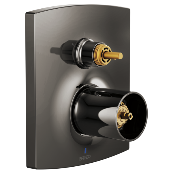 Gunmetal pressure balance valve trim with integrated diverter, brass valve stem, and black cylindrical outlet, no handles inc