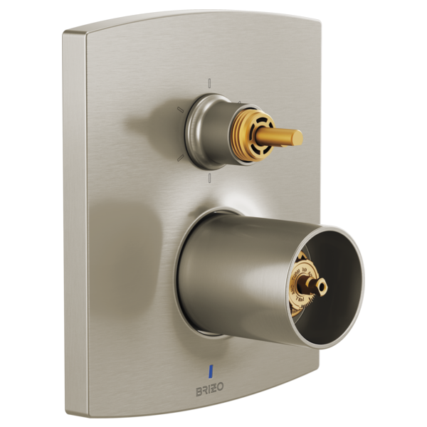 Brushed nickel pressure balance valve trim with integrated diverter, brass internal components, and cylindrical outlet port.