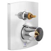 Brizo Kintsu pressure balance valve trim with polished chrome finish and brass accents, mounted on white escutcheon plate.