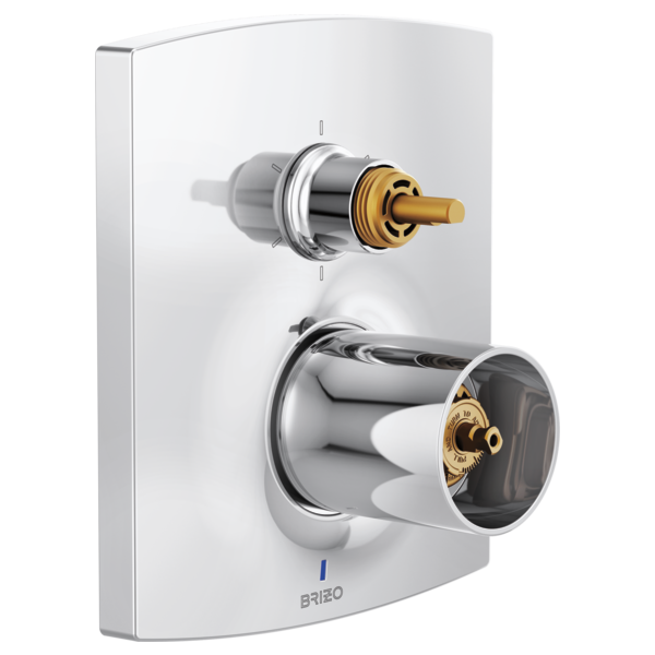 Brizo Kintsu pressure balance valve trim with polished chrome finish and brass accents, mounted on white escutcheon plate.
