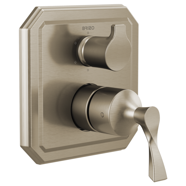 Brizo Virage brushed nickel pressure balance valve trim with upper diverter handle and lower temperature control lever.