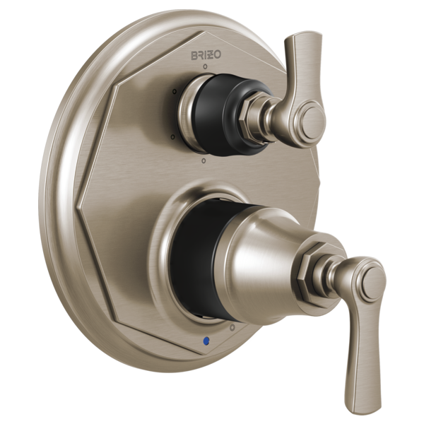 Brizo Rook brushed nickel pressure balance valve trim with dual lever handles and integrated diverter control.