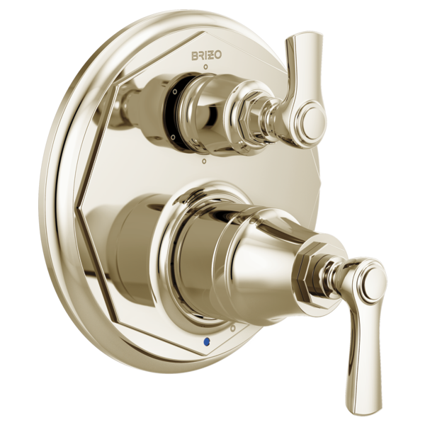 Brizo Rook polished nickel pressure balance valve trim with dual lever handles and integrated diverter control.
