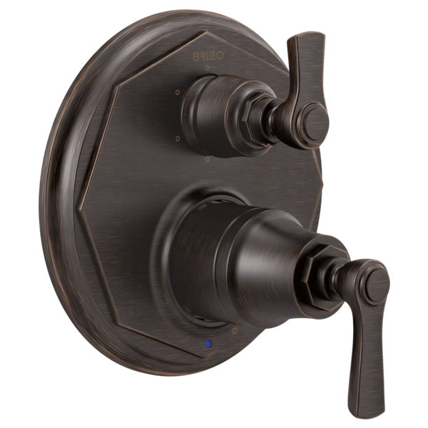 Brizo Rook pressure balance valve trim with dual lever handles and circular backplate in oil-rubbed bronze finish.