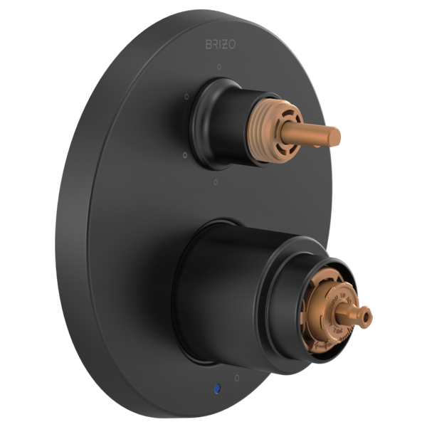 Brizo Odin matte black pressure balance valve trim with two bronze stem cartridges, no handles attached.