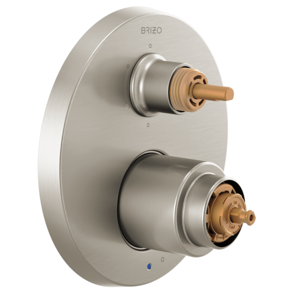 Brizo Odin pressure balance valve trim with two brass stems and brushed nickel oval escutcheon plate, without handles.