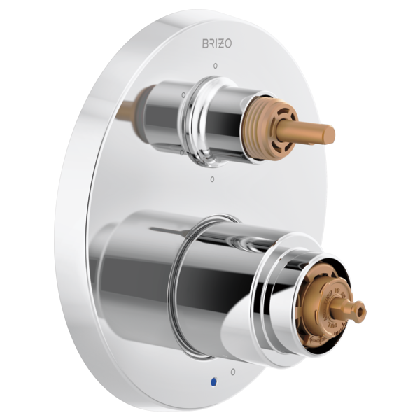 Brizo Odin white round trim plate with stacked brass valve stems and integrated diverter controls.