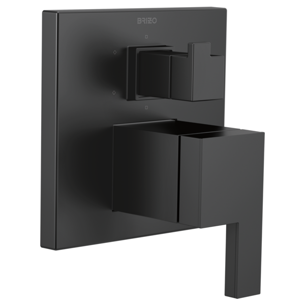 Black matte Brizo Siderna pressure balance valve trim with integrated diverter and square lever handle.