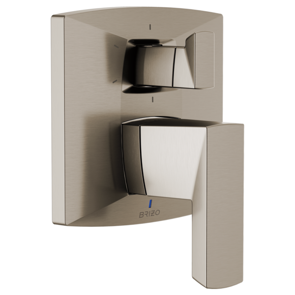 Brizo Vettis pressure balance valve trim with upper diverter handle and lower control lever in brushed nickel finish.