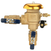 Bronze pressure vacuum breaker with 1-inch connections, gold cap, and freeze sensor assembly with blue valve handles.