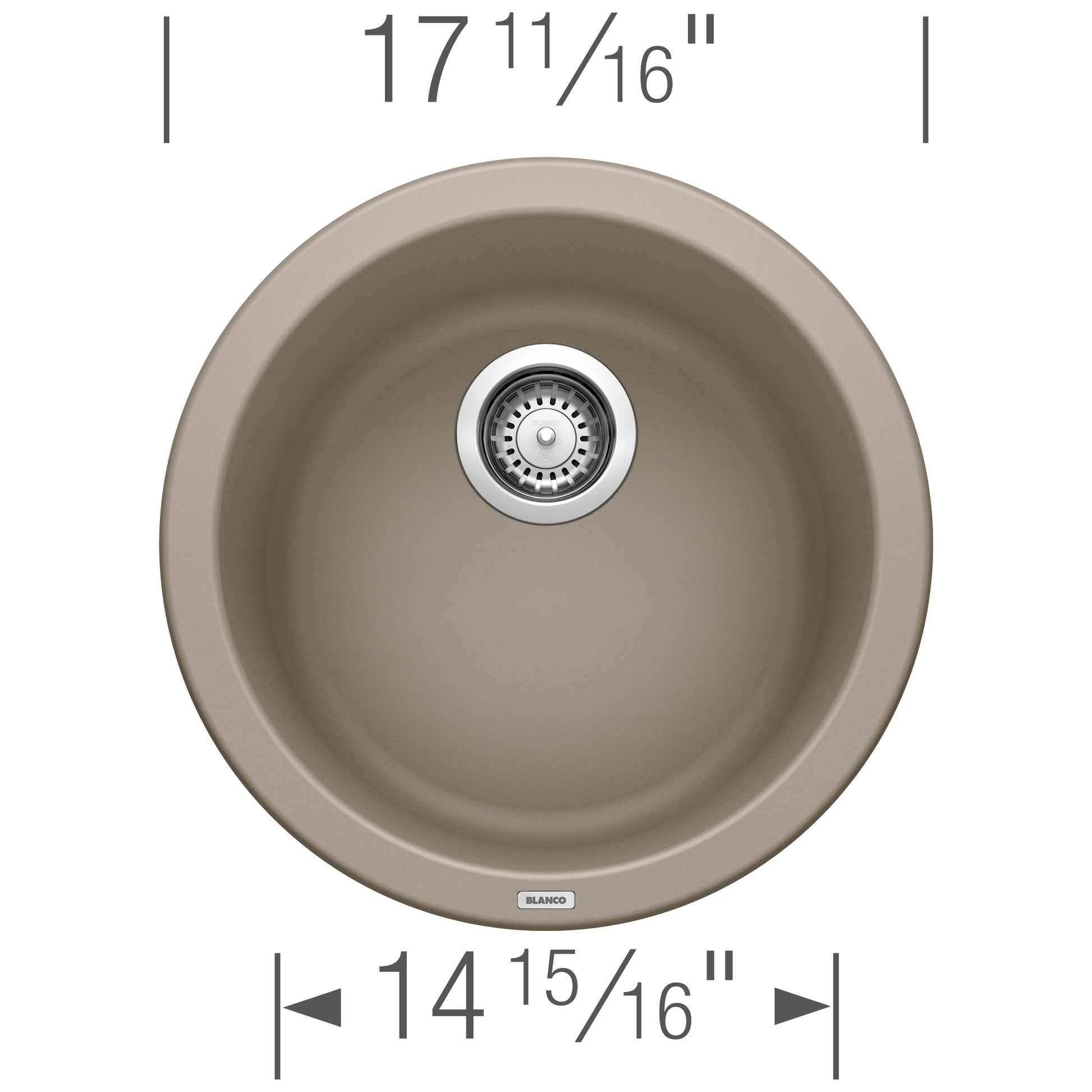 Truffle-colored round undermount bar sink with chrome strainer, 17 11/16" diameter and 14 15/16" interior width.