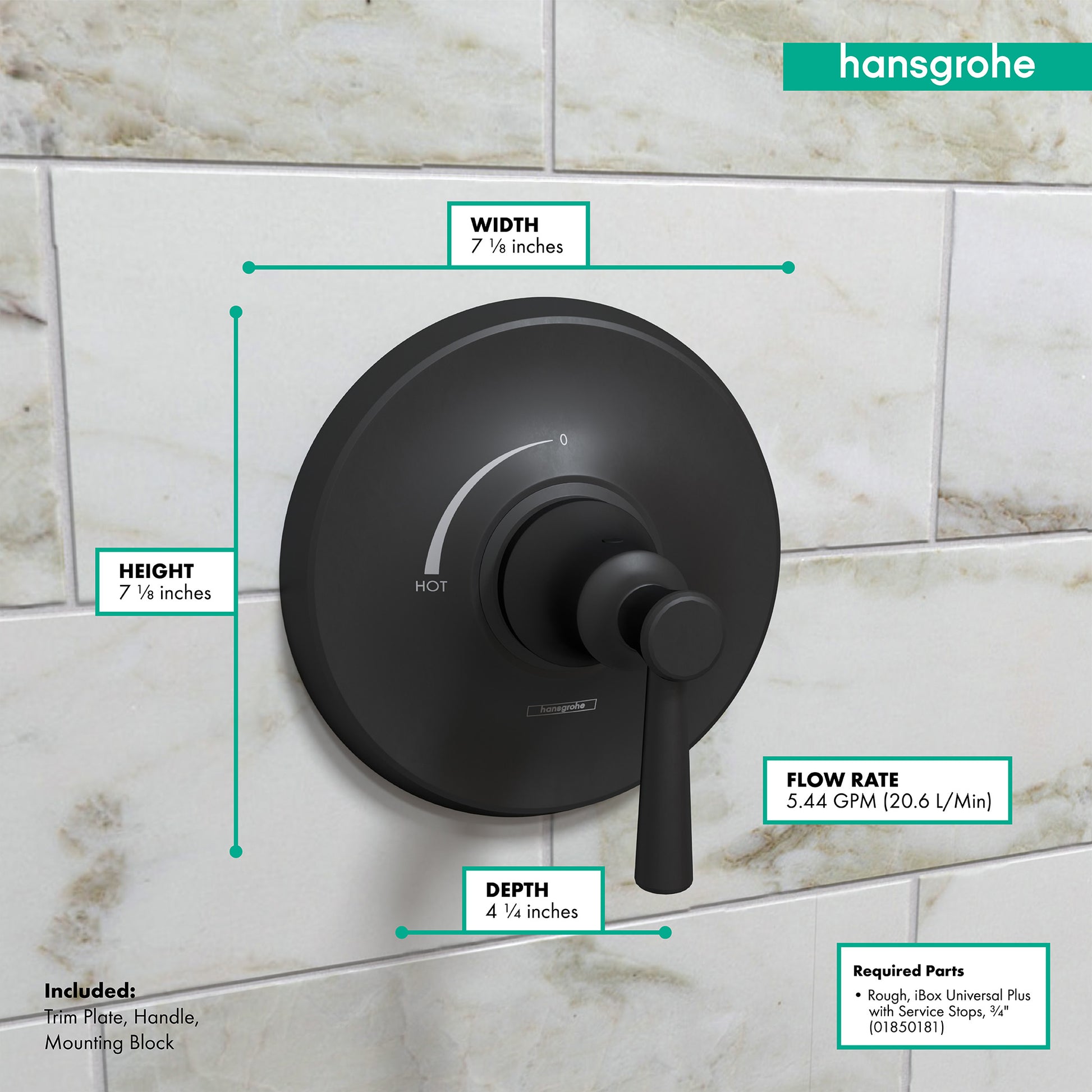 Matte black pressure balance shower trim with circular escutcheon plate and lever handle mounted on marble tile wall.