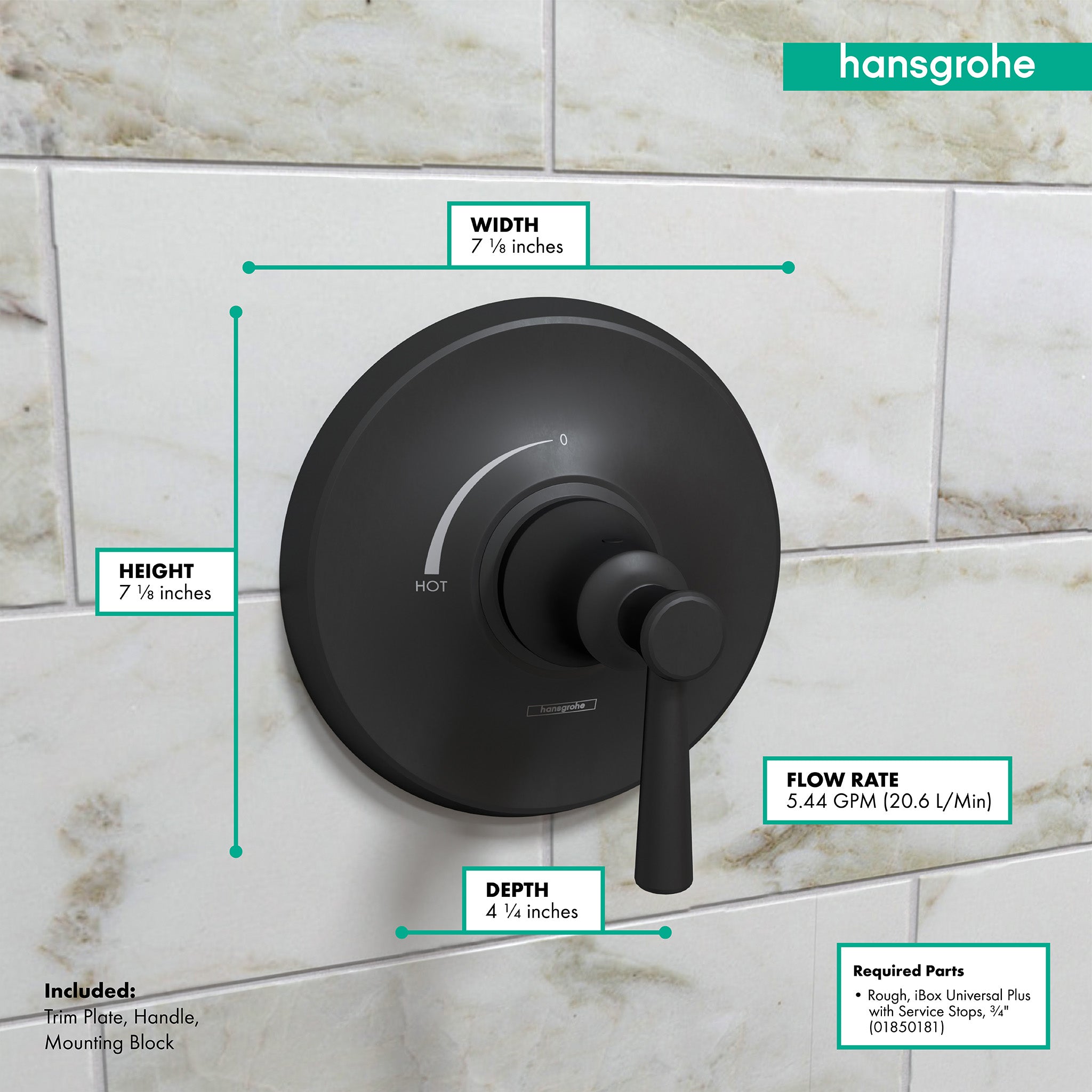 Matte black pressure balance shower trim with circular escutcheon plate and lever handle mounted on marble tile wall.