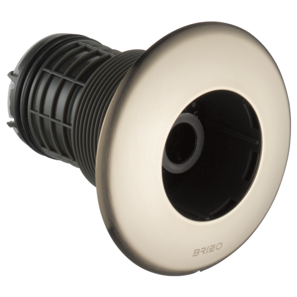 Round brushed nickel body spray trim with threaded internal valve connection and black spray opening.