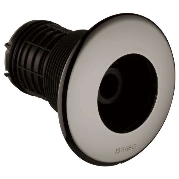 Round chrome body spray with black threaded inlet connection and Brizo logo.