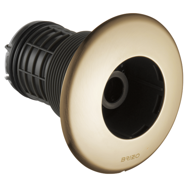 Round champagne bronze body spray with black center outlet and ribbed interior valve body.