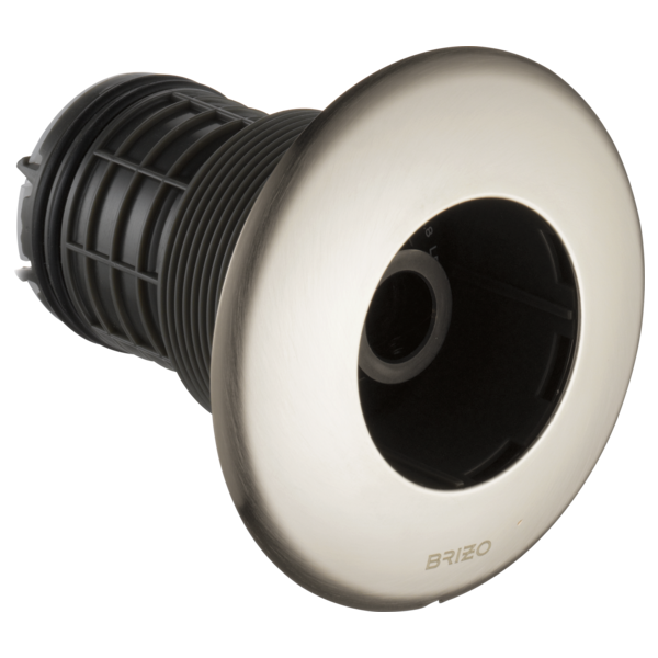Brizo round body spray trim with polished nickel finish and black interior opening.
