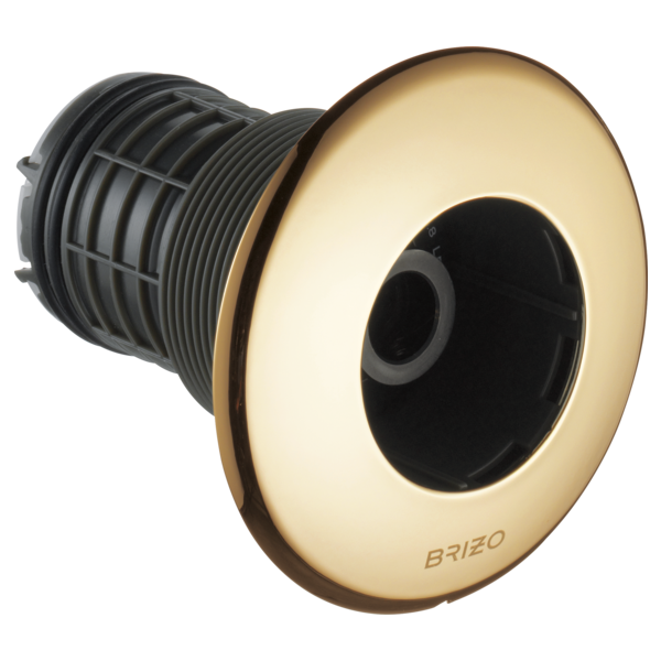 Round brushed gold shower body spray trim with black center outlet and ribbed threaded mounting collar.