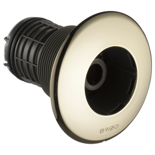 Round cream and black shower body spray trim with threaded connector and central opening.