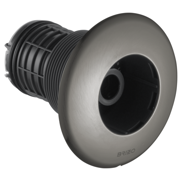 Round brushed nickel body spray trim with threaded connector and central opening for wall mounting.