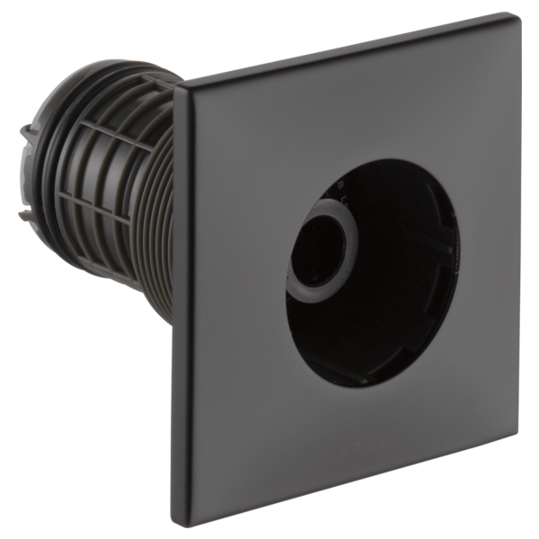 Square black body spray trim with circular outlet and threaded connection port visible from side angle.