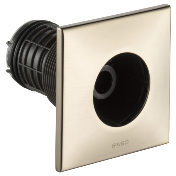 Square brushed nickel body spray trim with black circular outlet and ribbed connector visible from front angle.