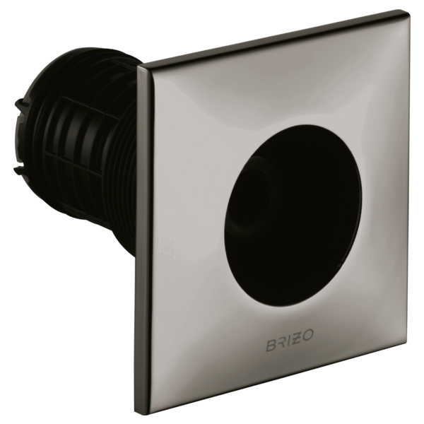 Square stainless steel body spray trim with black circular spray opening and mounting hardware.