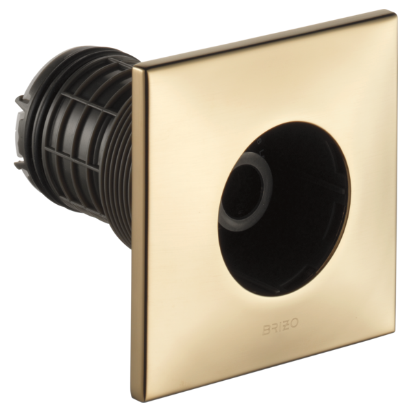 Square brass body spray with black ribbed internal mechanism and circular outlet opening.