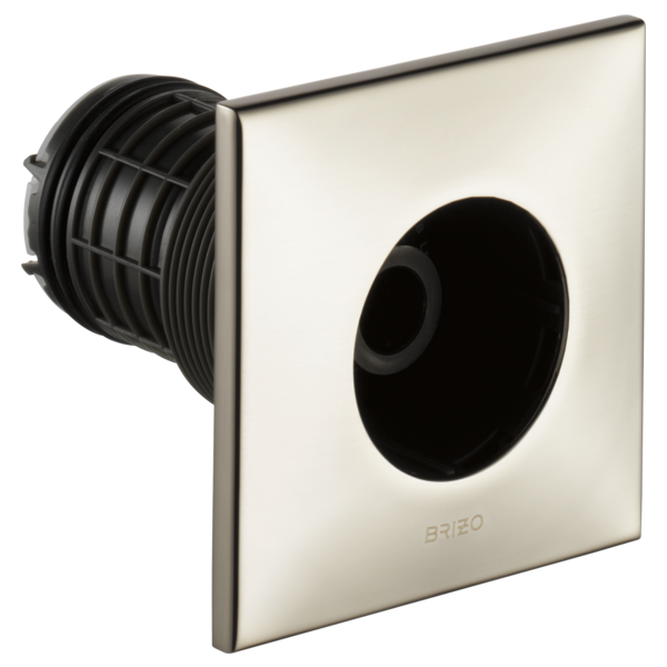 Square chrome body spray trim with black circular spray face and ribbed connection fitting.