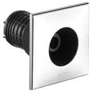 Chrome and black square shower body spray trim with ribbed cylindrical connector and circular outlet.