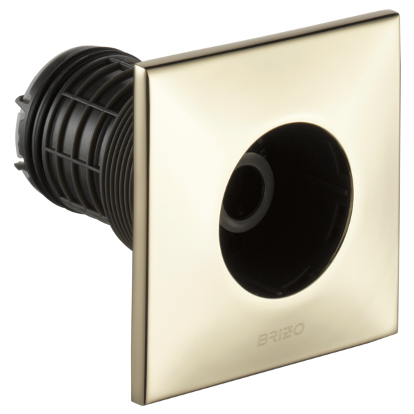 Square cream-colored body spray trim with black ribbed internal components and circular opening.