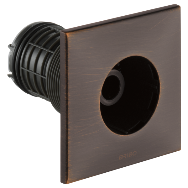 Square bronze body spray with ribbed nozzle and trim plate for shower installation.