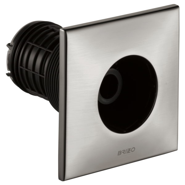 Square stainless steel shower body spray with black circular outlet and internal valve connection.