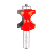 Half round router bit with red cutting head, silver metal shank, and bearing guide at top.