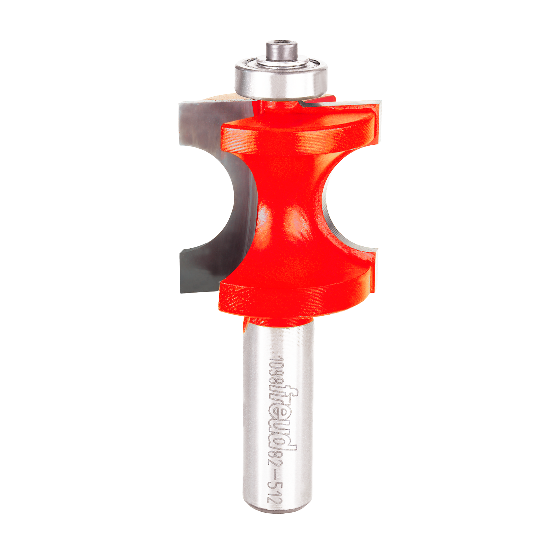 Half round router bit with red cutting head, silver metal shank, and bearing guide at top.