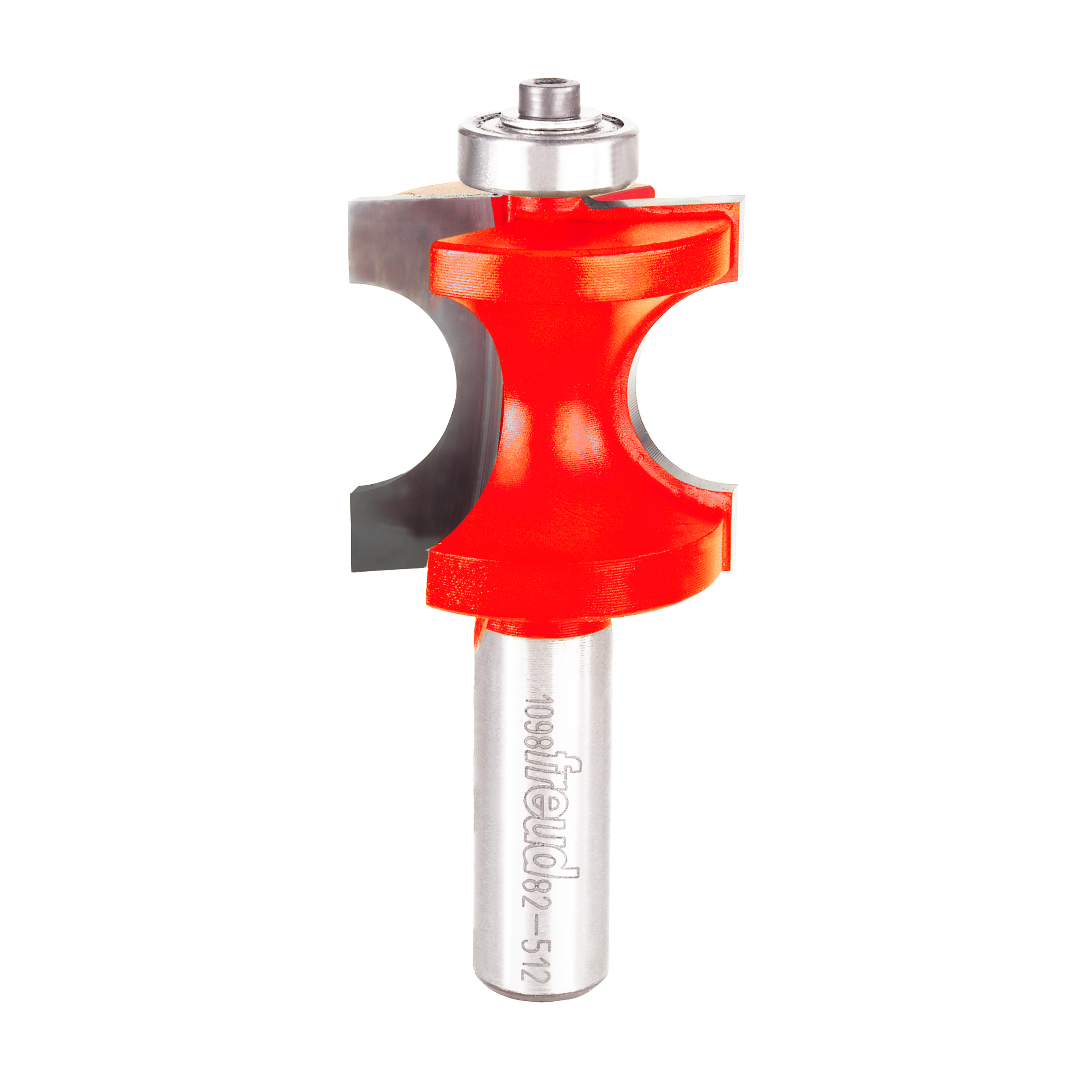 Half round router bit with red cutting head, silver metal shank, and bearing guide at top.