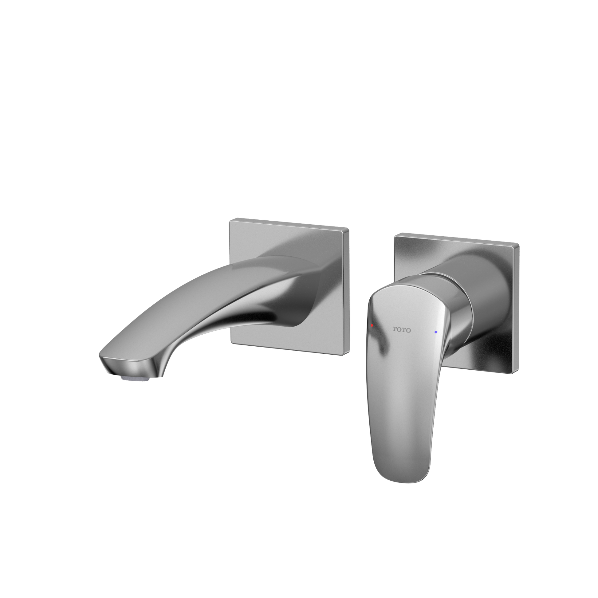 Polished chrome wall-mount bathroom faucet with curved spout and single handle control.