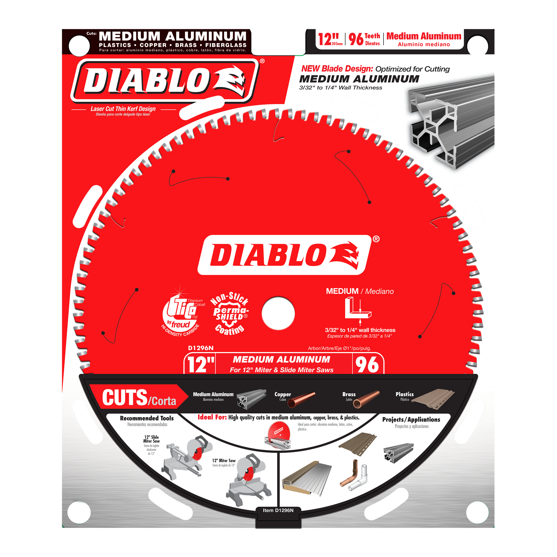 Diablo red circular saw blade with 96 teeth, 12 inch diameter, designed for aluminum cutting.
