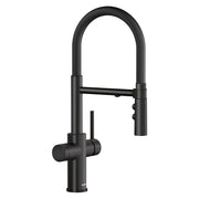 Matte black semi-pro kitchen faucet with high arched spout, flexible hose, and side lever controls.