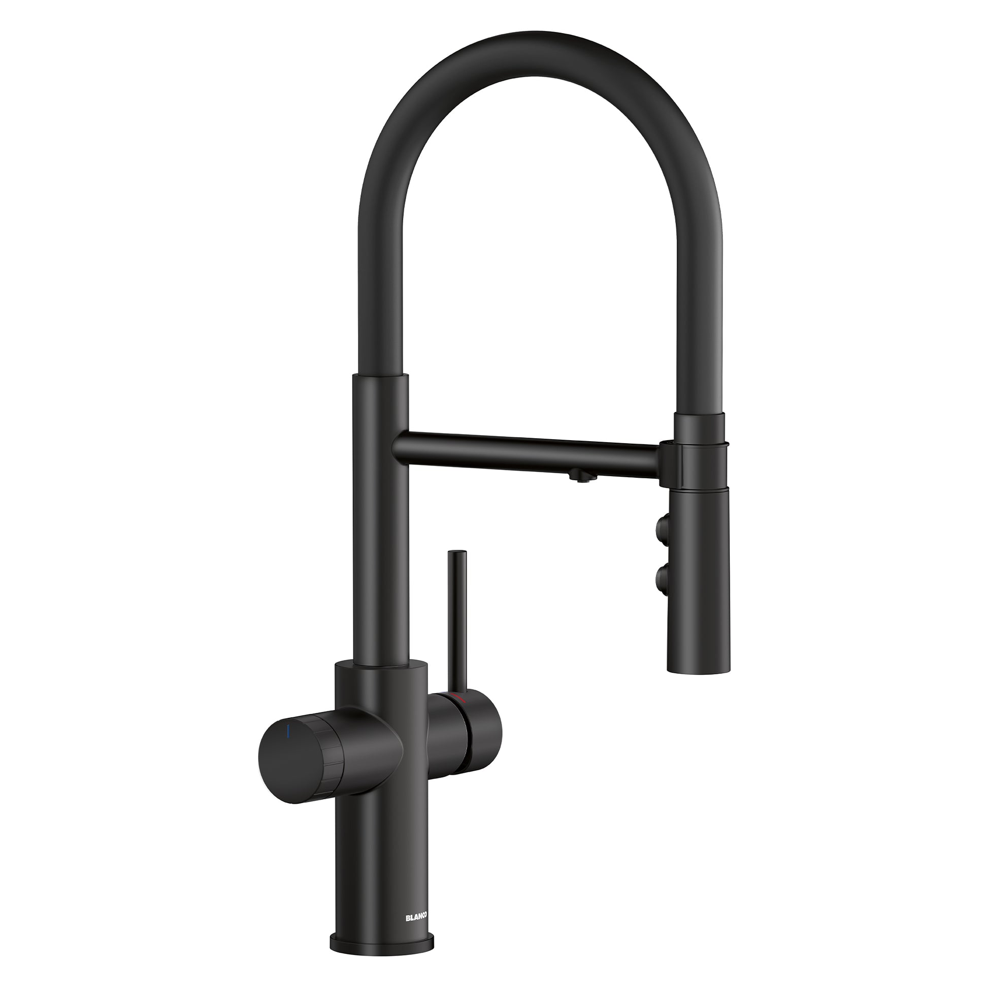 Matte black semi-pro kitchen faucet with high arched spout, flexible hose, and side lever controls.