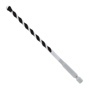 Quarter-inch carbide-tipped hammer drill bit with black and silver fluted shaft and hexagonal shank.