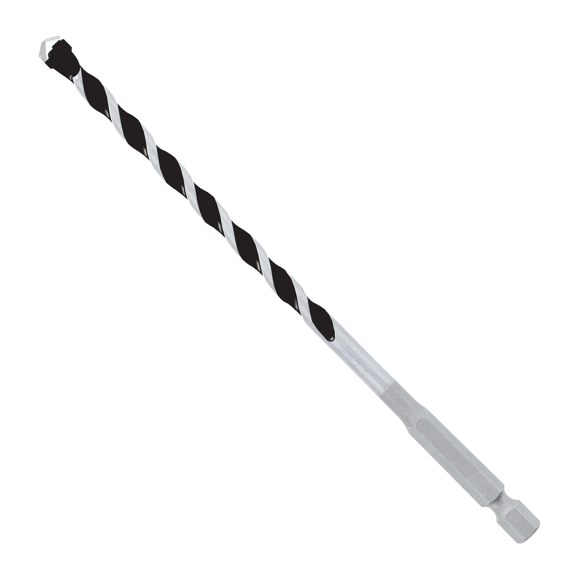 Quarter-inch carbide-tipped hammer drill bit with black and silver fluted shaft and hexagonal shank.