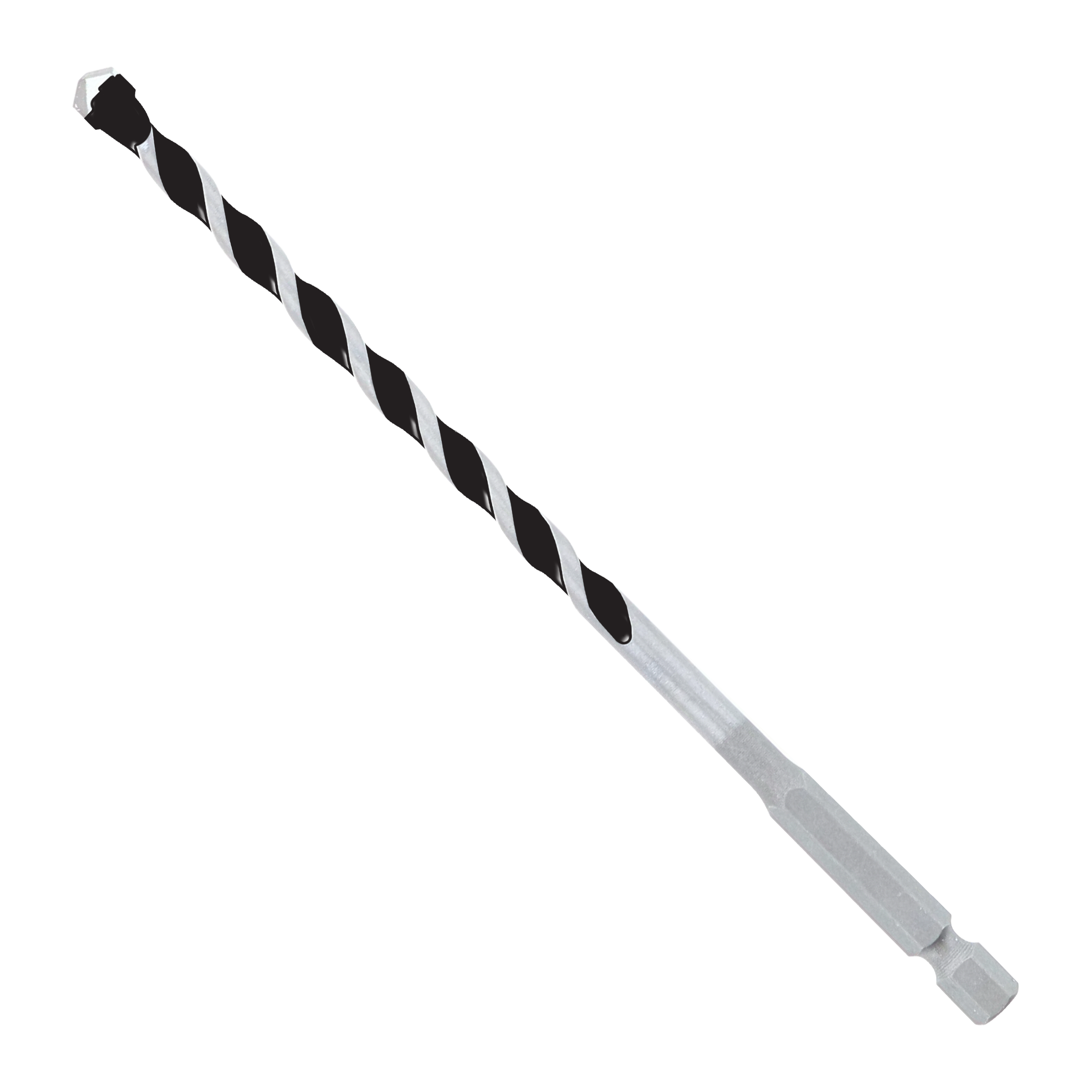 Quarter-inch carbide-tipped hammer drill bit with black and silver fluted shaft and hexagonal shank.