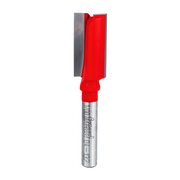 Red and silver double flute straight router bit with cylindrical shank and flat cutting head.