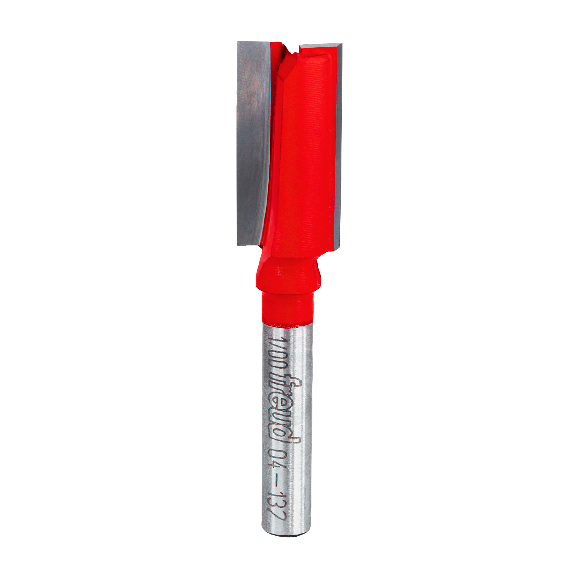 Red and silver double flute straight router bit with cylindrical shank and flat cutting head.