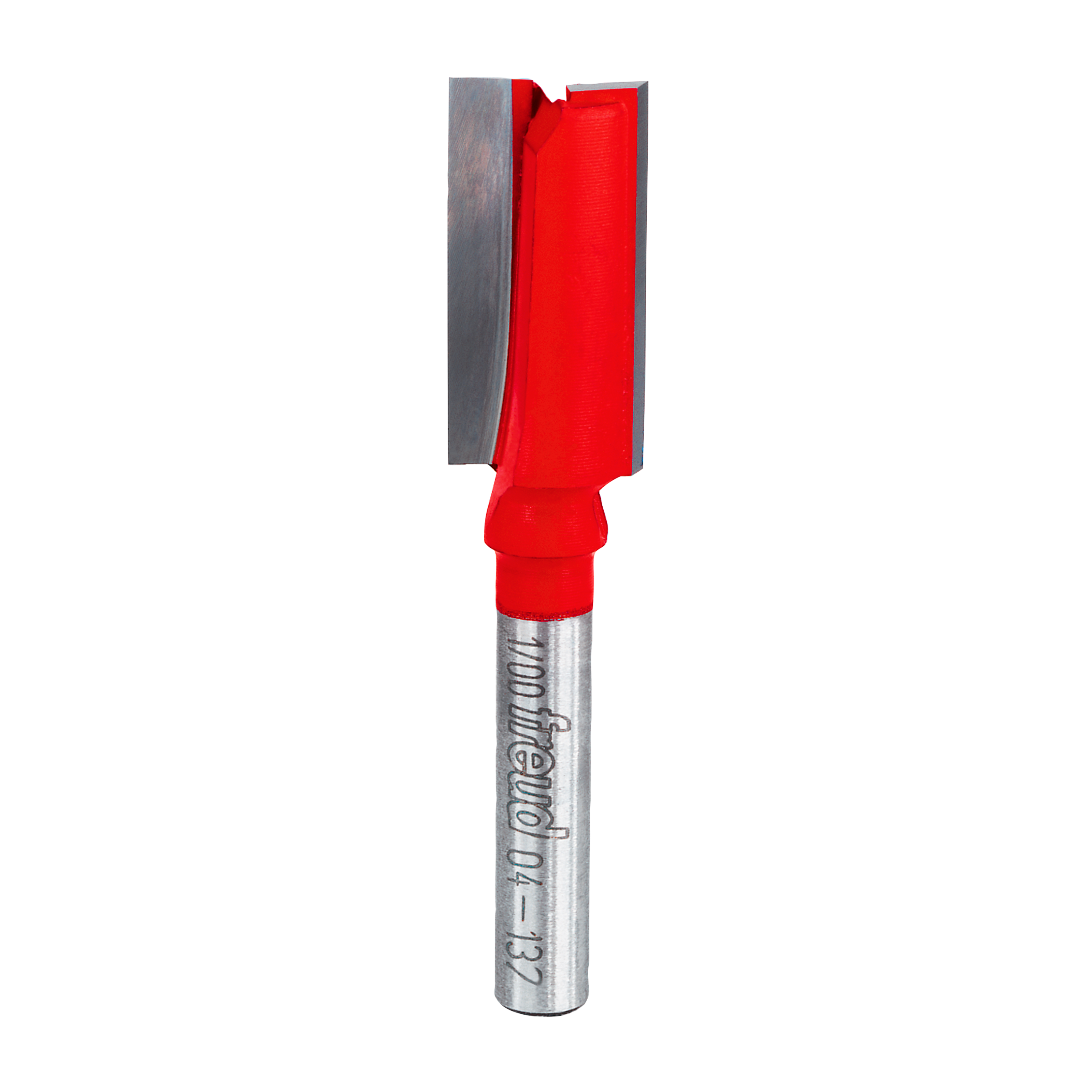 Red and silver double flute straight router bit with cylindrical shank and flat cutting head.