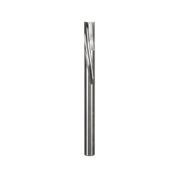 1/4" diameter spiral router bit with single flute and downward cutting edge, cylindrical shank.