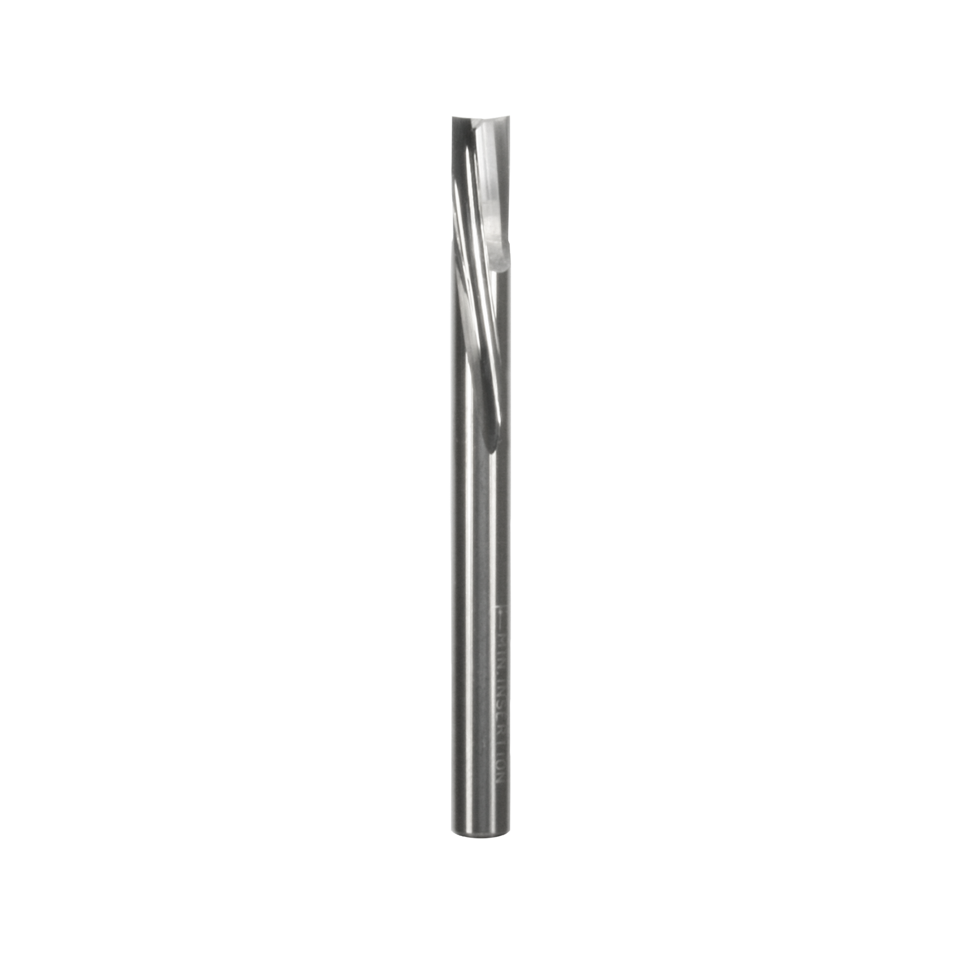 1/4" diameter spiral router bit with single flute and downward cutting edge, cylindrical shank.
