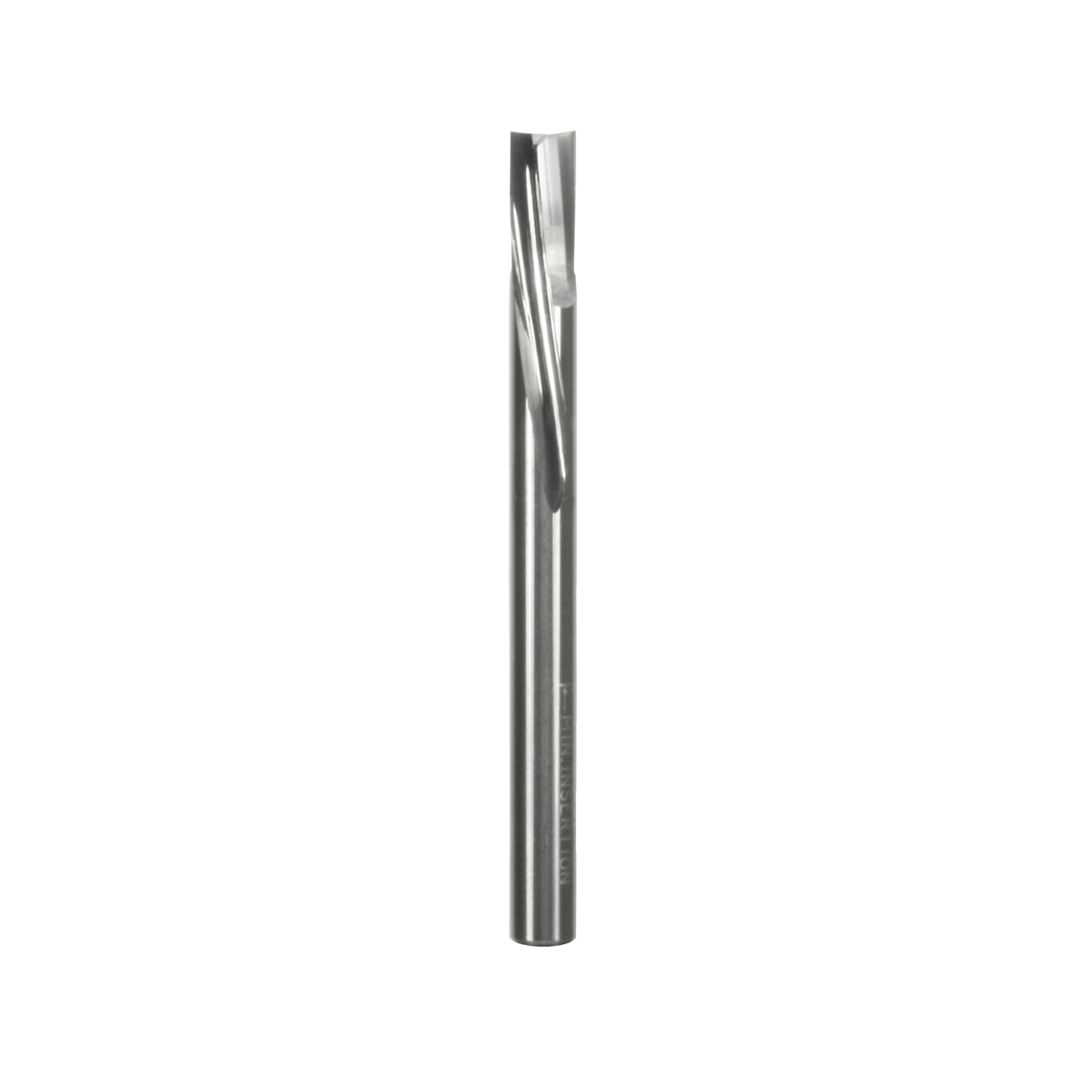 1/4" diameter spiral router bit with single flute and downward cutting edge, cylindrical shank.